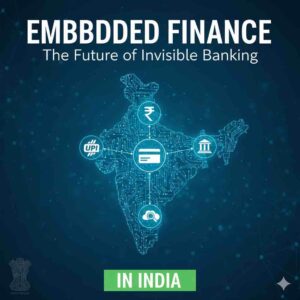 A digital circuit-board style map of India with icons representing UPI, credit cards, banking, Indian Rupee, and data search, illustrating "EMBEDDED FINANCE: The Future of Invisible Banking IN INDIA.