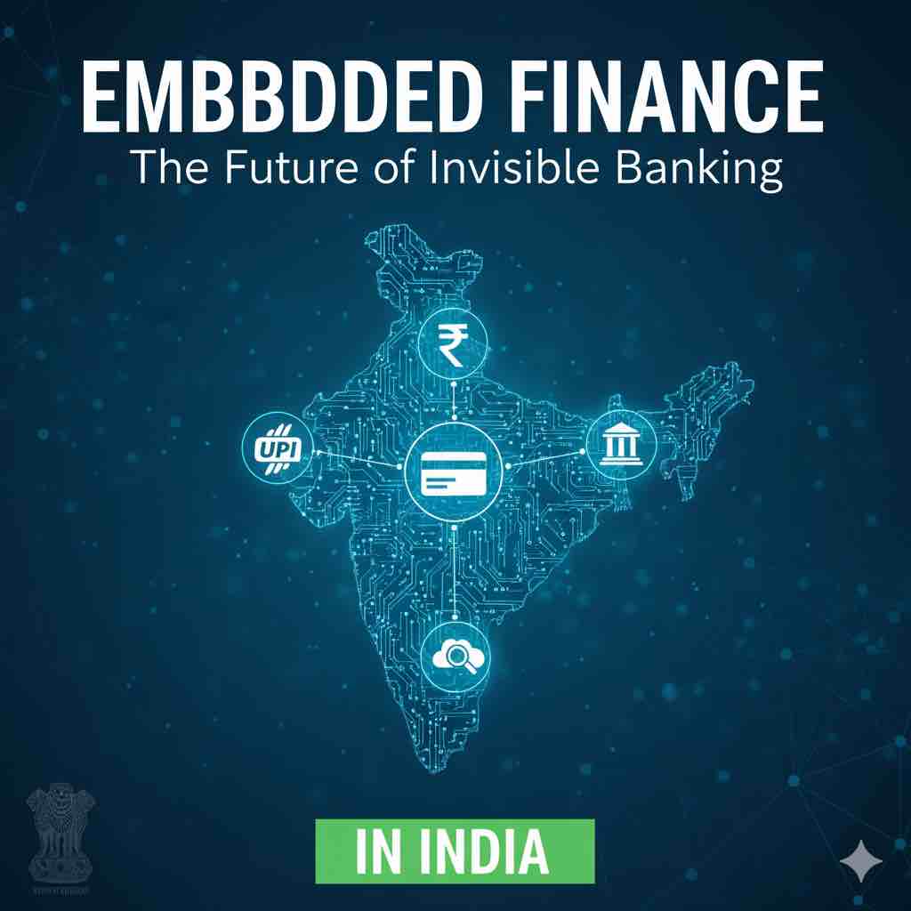 A digital circuit-board style map of India with icons representing UPI, credit cards, banking, Indian Rupee, and data search, illustrating "EMBEDDED FINANCE: The Future of Invisible Banking IN INDIA.
