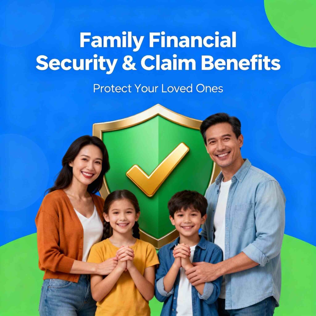 Protective shield with family figures and security lock symbol representing family financial security and claim settlement benefits through bank account nomination