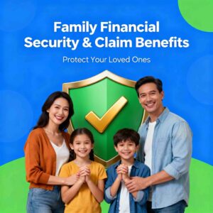 Protective shield with family figures and security lock symbol representing family financial security and claim settlement benefits through bank account nomination