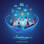 Diverse professionals collaborating on laptops with fintech and digital banking icons representing RBI HaRBInger 2025 hackathon innovation and partnership