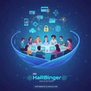 Diverse professionals collaborating on laptops with fintech and digital banking icons representing RBI HaRBInger 2025 hackathon innovation and partnership