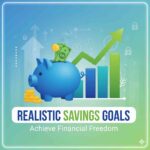 A vibrant thumbnail featuring a blue piggy bank, gold coins, dollar bills, and a green upward-trending bar chart, symbolizing realistic savings goals and financial growth. The text reads "REALISTIC SAVINGS GOALS" and "Achieve Financial Freedom.