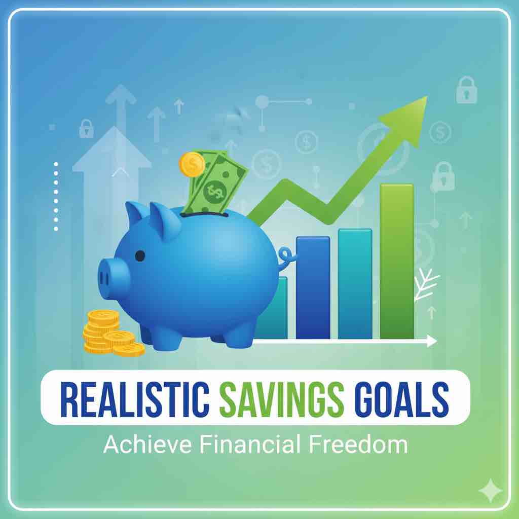 A vibrant thumbnail featuring a blue piggy bank, gold coins, dollar bills, and a green upward-trending bar chart, symbolizing realistic savings goals and financial growth. The text reads "REALISTIC SAVINGS GOALS" and "Achieve Financial Freedom.