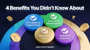 Infographic showing four key benefits of RBI zero-balance savings accounts: zero balance requirement, free ATM withdrawals, no annual fees, and unlimited deposits, each represented by colorful icons with checkmarks.