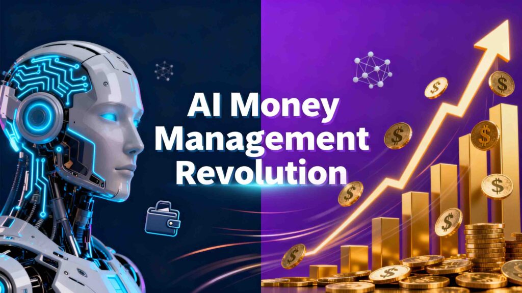 AI-driven money management blog thumbnail featuring glowing neon blue artificial intelligence symbol with circuit patterns, dynamic gold upward-trending financial graph, cascading coins, digital wallet icons, and bold text "AI Money Management Revolution" on gradient navy-to-purple background.