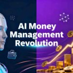 AI-driven money management blog thumbnail featuring glowing neon blue artificial intelligence symbol with circuit patterns, dynamic gold upward-trending financial graph, cascading coins, digital wallet icons, and bold text "AI Money Management Revolution" on gradient navy-to-purple background.