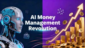 AI-driven money management blog thumbnail featuring glowing neon blue artificial intelligence symbol with circuit patterns, dynamic gold upward-trending financial graph, cascading coins, digital wallet icons, and bold text "AI Money Management Revolution" on gradient navy-to-purple background.