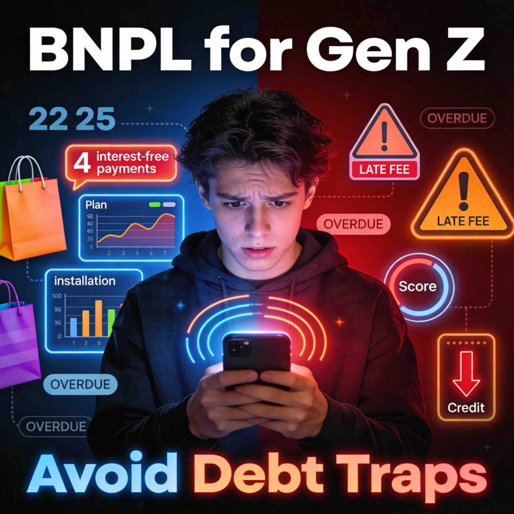 Gen Z person analyzing BNPL apps on smartphone showing debt trap warnings, late fees, and credit score risks with neon alert icons