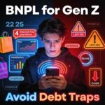 Gen Z person analyzing BNPL apps on smartphone showing debt trap warnings, late fees, and credit score risks with neon alert icons