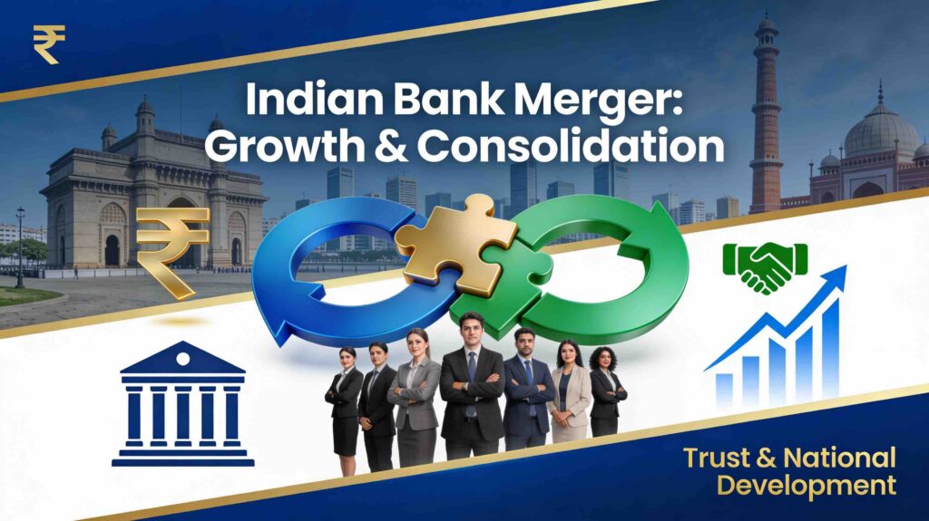 Indian bank merger consolidation thumbnail showing merging arrows, rupee symbols, banking icons, upward trending graphs, and diverse financial professionals representing PSU bank consolidation strategy and economic growth