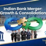 Indian bank merger consolidation thumbnail showing merging arrows, rupee symbols, banking icons, upward trending graphs, and diverse financial professionals representing PSU bank consolidation strategy and economic growth