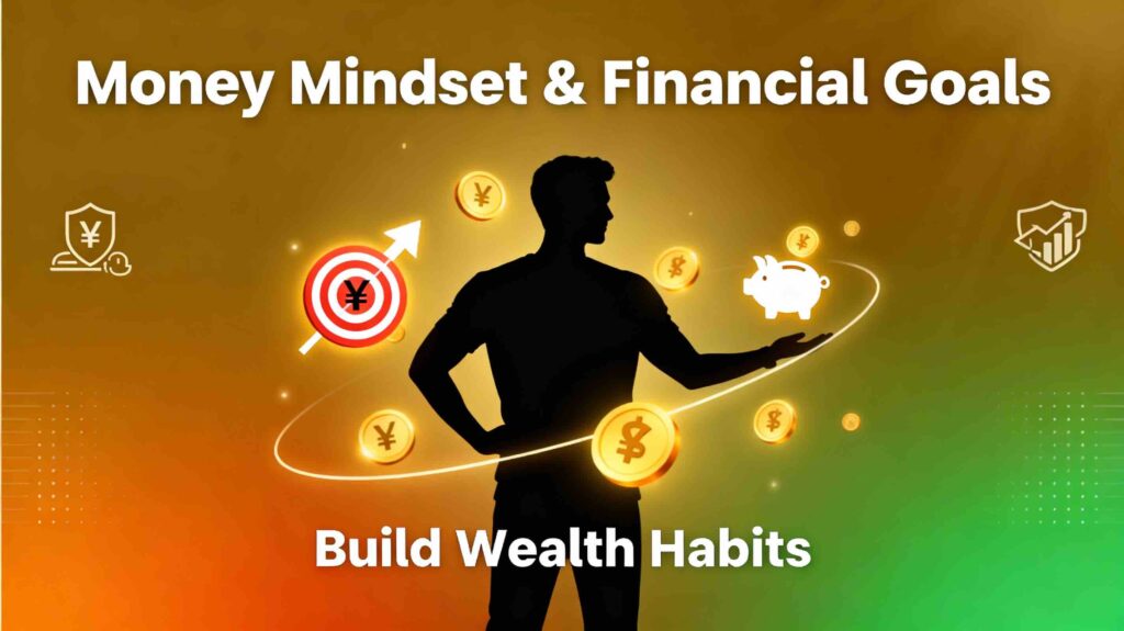 Engaging blog thumbnail featuring a confident person silhouette surrounded by glowing financial symbols including rupee sign, target goal, upward arrow, coins, and piggy bank on a warm gold-orange-green gradient background. Title reads 'Money Mindset & Financial Goals' with subtitle 'Build Wealth Habits' in bold white text.