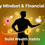 Engaging blog thumbnail featuring a confident person silhouette surrounded by glowing financial symbols including rupee sign, target goal, upward arrow, coins, and piggy bank on a warm gold-orange-green gradient background. Title reads 'Money Mindset & Financial Goals' with subtitle 'Build Wealth Habits' in bold white text.