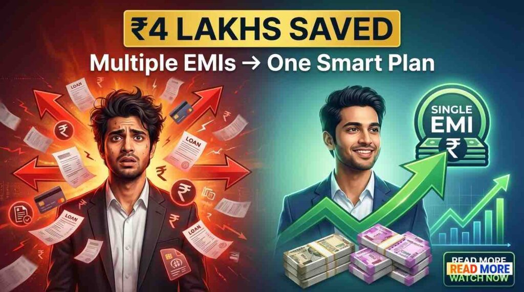 Split-screen debt consolidation comparison showing stressed professional with multiple EMIs on left transforming into confident person with single consolidated loan and savings of 4 lakhs on right, featuring upward growth arrow and unified payment symbol