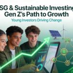 Gen Z investors analyzing sustainable ESG investment charts with green growth arrows, renewable energy icons, and interconnected Environmental Social Governance criteria on digital screens