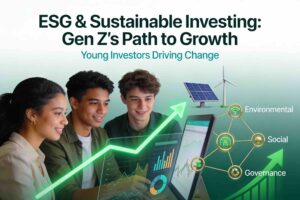 Gen Z investors analyzing sustainable ESG investment charts with green growth arrows, renewable energy icons, and interconnected Environmental Social Governance criteria on digital screens