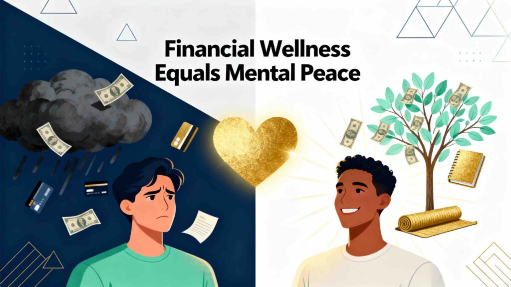Split-screen illustration showing a stressed person surrounded by financial worries on the left transforming into a confident, peaceful person with positive symbols on the right, connected by a glowing heart, with text "Financial Wellness Equals Mental Peace" highlighting the connection between financial health and mental wellbeing.