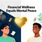 Split-screen illustration showing a stressed person surrounded by financial worries on the left transforming into a confident, peaceful person with positive symbols on the right, connected by a glowing heart, with text "Financial Wellness Equals Mental Peace" highlighting the connection between financial health and mental wellbeing.
