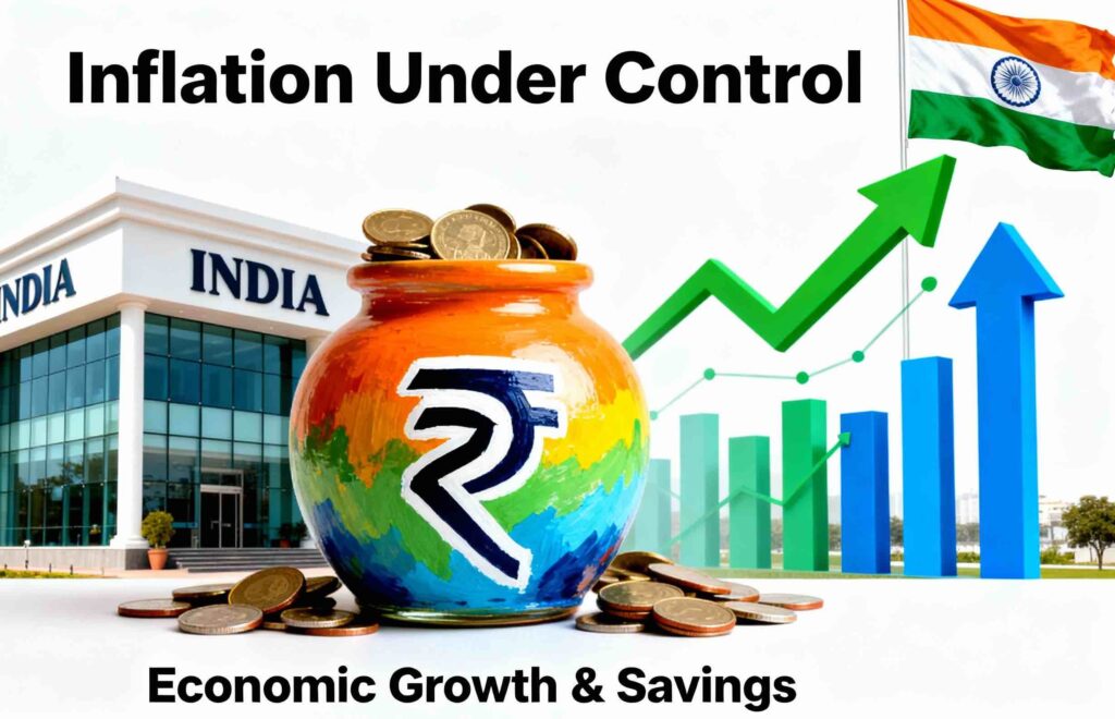 RBI Monetary Policy Committee decision: repo rate cut to 5.25% supporting India's economic growth while keeping inflation stable, featuring rupee currency, savings, and banking system elements