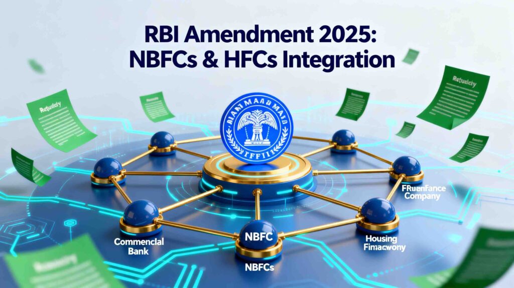 Professional financial illustration depicting RBI Amendment 2025 showing interconnected banking network with commercial banks, NBFCs, and Housing Finance Companies linked through regulatory framework governance structure with digital connectivity elements and RBI emblem.