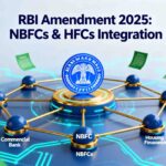 Professional financial illustration depicting RBI Amendment 2025 showing interconnected banking network with commercial banks, NBFCs, and Housing Finance Companies linked through regulatory framework governance structure with digital connectivity elements and RBI emblem.