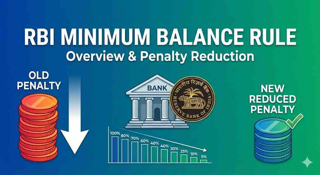 Digital illustration showing a bank account statement, a decreasing penalty symbol (Rupee icon with an arrow pointing down/out), and a large "RBI" logo, set against a professional blue and green background. The image visualizes the "RBI Minimum Balance Rule Overview and Penalty Reduction.