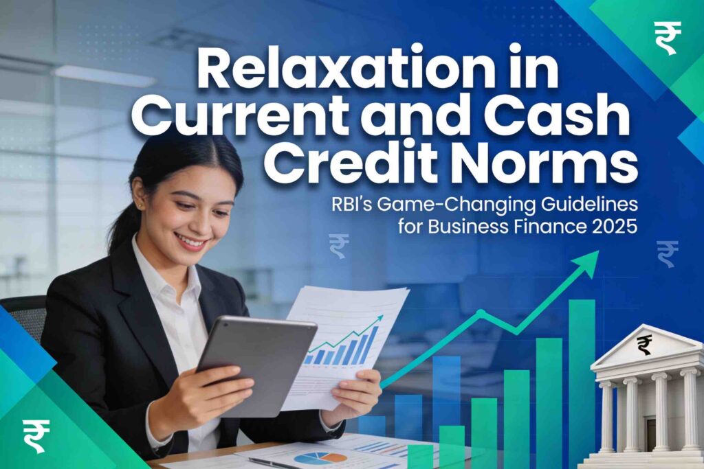 Professional business woman reviewing financial growth charts and RBI cash credit norms relaxation guidelines on tablet in modern office setting with upward trending graphs and rupee symbols