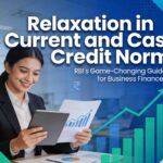 Professional business woman reviewing financial growth charts and RBI cash credit norms relaxation guidelines on tablet in modern office setting with upward trending graphs and rupee symbols