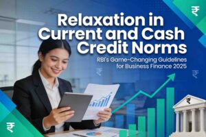 Professional business woman reviewing financial growth charts and RBI cash credit norms relaxation guidelines on tablet in modern office setting with upward trending graphs and rupee symbols