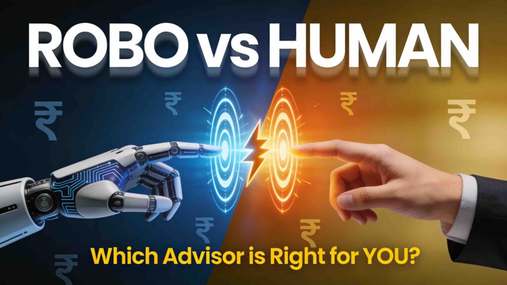 Robo-advisors vs human financial advisors comparison: split-screen design showing robot hand and human hand reaching toward target, representing algorithm-driven investing and traditional advisory for Indian millennials and Gen Z