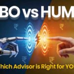 Robo-advisors vs human financial advisors comparison: split-screen design showing robot hand and human hand reaching toward target, representing algorithm-driven investing and traditional advisory for Indian millennials and Gen Z