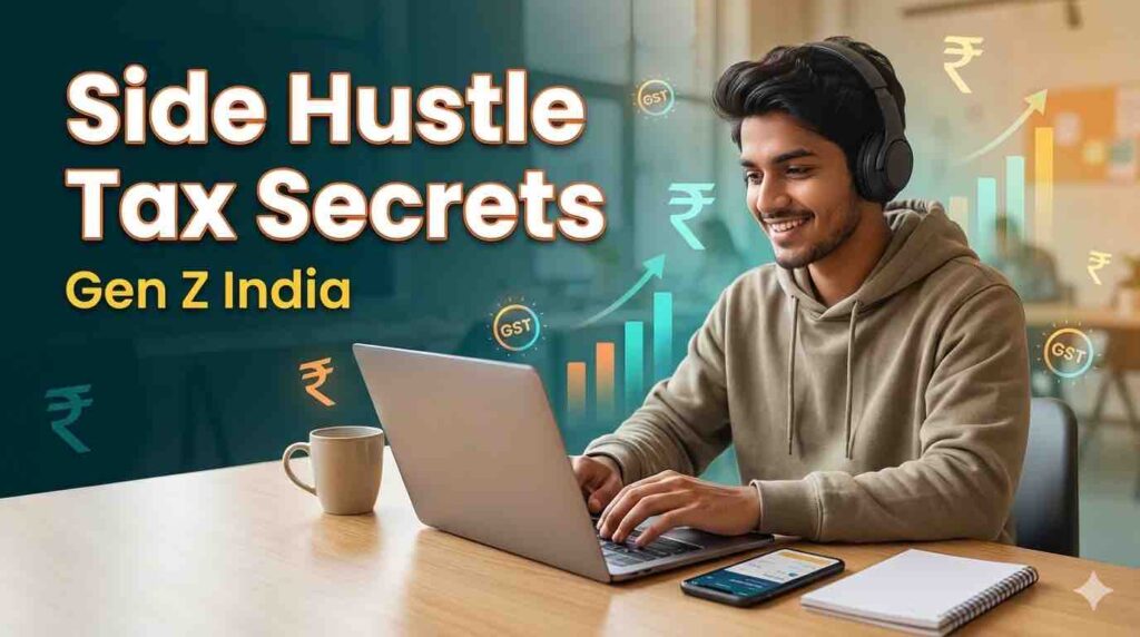 oung Indian man with headphones and a hoodie smiling while working on a laptop at a desk, with text overlays "Side Hustle Tax Secrets" and "Gen Z India" and graphics of rupee symbols, financial charts, and GST icons in the background.