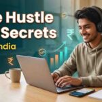 oung Indian man with headphones and a hoodie smiling while working on a laptop at a desk, with text overlays "Side Hustle Tax Secrets" and "Gen Z India" and graphics of rupee symbols, financial charts, and GST icons in the background.