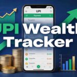 UPI transaction history tracker showing smartphone with digital payment data, upward trending arrow chart, stacked coins, and financial growth analytics for budget optimization and wealth building