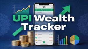 UPI transaction history tracker showing smartphone with digital payment data, upward trending arrow chart, stacked coins, and financial growth analytics for budget optimization and wealth building