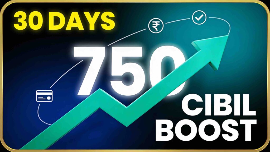 CIBIL score boost thumbnail showing upward arrow reaching 750 credit score in 30 days