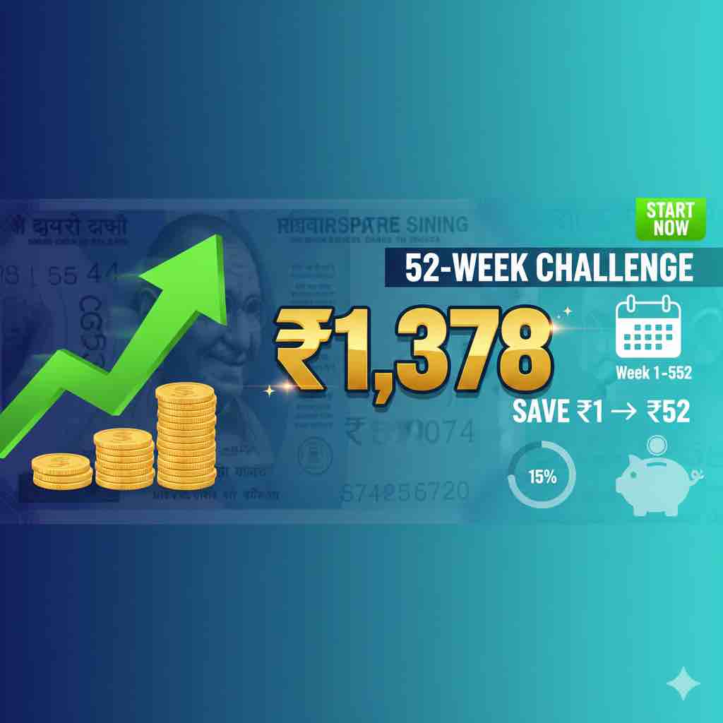 High-contrast financial graphic for a 52-week savings challenge featuring a large 3D gold ₹1,378, a vibrant green upward-trending arrow, and a blue gradient background.