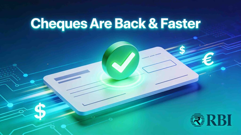 Real-time cheque clearing thumbnail showing fast-moving cheque with green checkmark, motion lines, and blue-teal gradient background for India's modern banking system blog