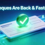 Real-time cheque clearing thumbnail showing fast-moving cheque with green checkmark, motion lines, and blue-teal gradient background for India's modern banking system blog