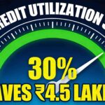 Credit utilization ratio 30% meter gauge showing green safe zone with text 'Saves ₹4.5 Lakhs' and CIBIL approved badge