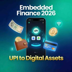 Embedded Finance 2026 thumbnail showing smartphone with UPI digital payment app, floating wallet icons, currency symbols, and digital assets, with blue-to-green gradient background and gold text