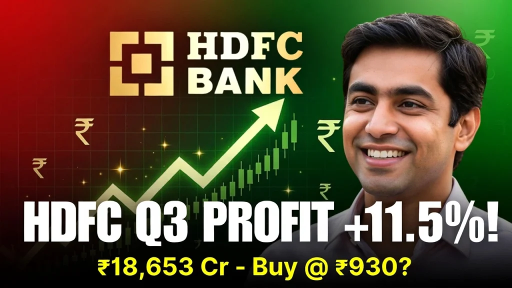 HDFC Bank Q3 FY26 results thumbnail showing 11.5% profit surge chart, upward arrow, excited investor, stock price ₹930 target.