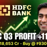 HDFC Bank Q3 FY26 results thumbnail showing 11.5% profit surge chart, upward arrow, excited investor, stock price ₹930 target.