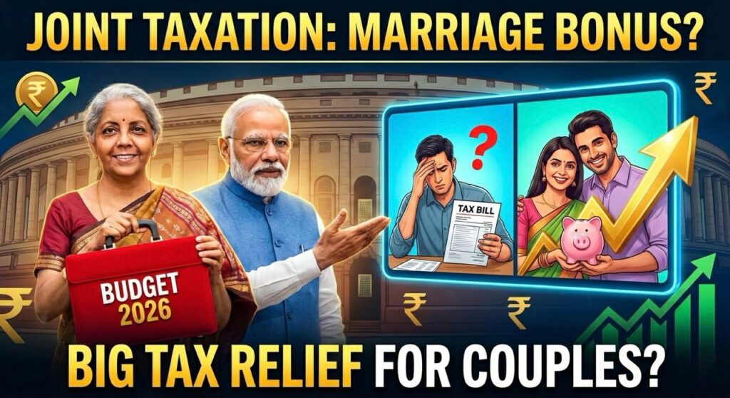 Thumbnail image for a blog post about Budget 2026, featuring Indian Prime Minister Narendra Modi and Finance Minister Nirmala Sitharaman, with text "JOINT TAXATION: MARRIAGE BONUS?" and "BIG TAX RELIEF FOR COUPLES?" illustrating a proposed tax benefit for married couples.