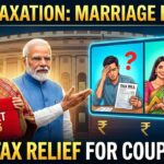 Thumbnail image for a blog post about Budget 2026, featuring Indian Prime Minister Narendra Modi and Finance Minister Nirmala Sitharaman, with text "JOINT TAXATION: MARRIAGE BONUS?" and "BIG TAX RELIEF FOR COUPLES?" illustrating a proposed tax benefit for married couples.
