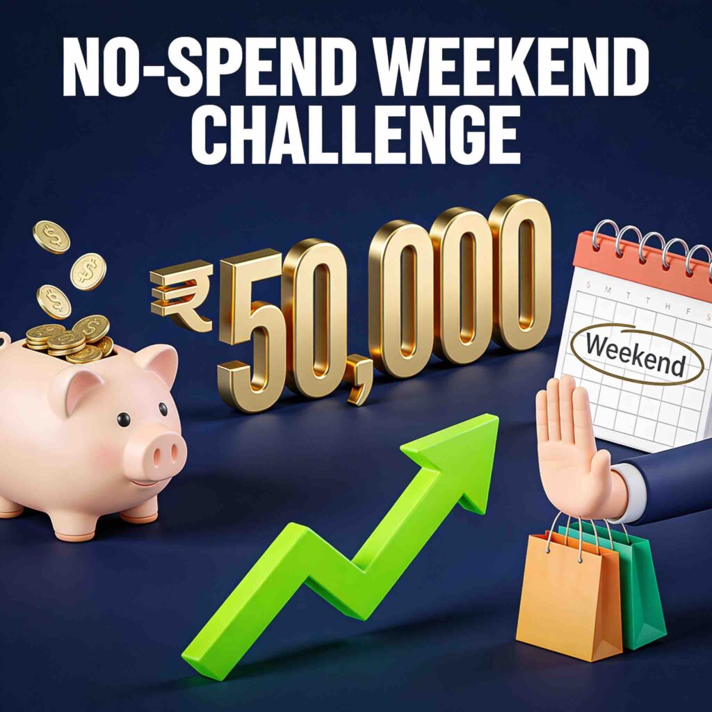 Save ₹50,000 yearly with no-spend weekend challenge. Blog thumbnail showing piggy bank, calendar, trending arrow, and financial savings icons.