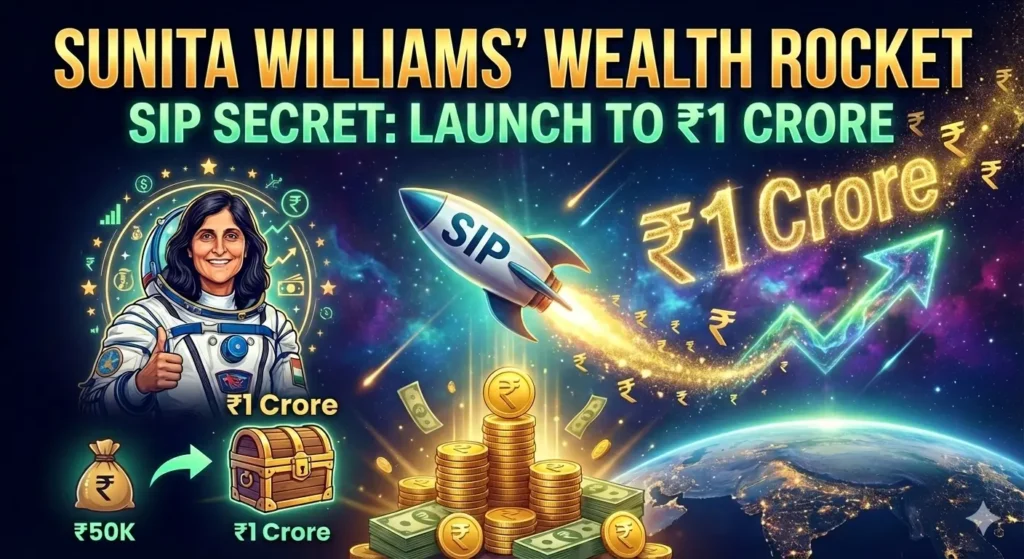Digital illustration of astronaut Sunita Williams in a space suit next to a glowing SIP wealth rocket, featuring gold rupee coins, a treasure chest, and financial growth charts toward a ₹1 Crore goal.