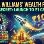 Digital illustration of astronaut Sunita Williams in a space suit next to a glowing SIP wealth rocket, featuring gold rupee coins, a treasure chest, and financial growth charts toward a ₹1 Crore goal.