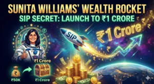 Digital illustration of astronaut Sunita Williams in a space suit next to a glowing SIP wealth rocket, featuring gold rupee coins, a treasure chest, and financial growth charts toward a ₹1 Crore goal.